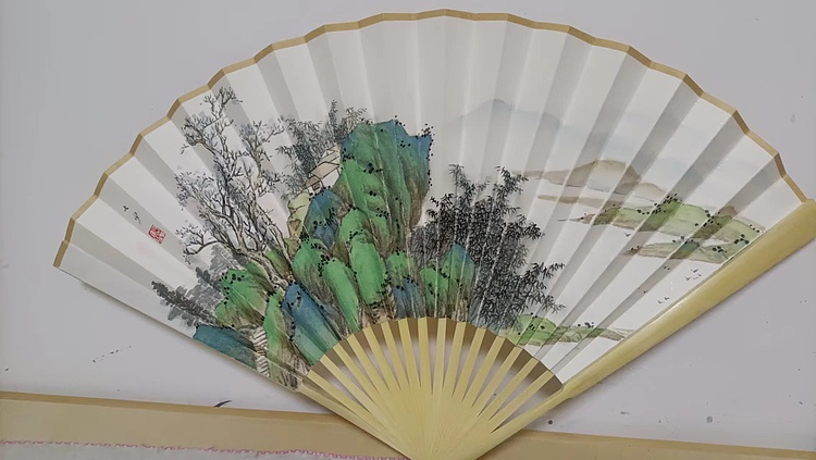 青年书画家 七汐 手绘青绿山水折扇（带扇袋）