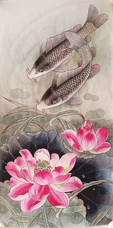 砚沐 荷花鲤鱼湖北美术学院艺术硕士李林国画作品
