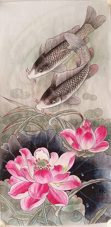 砚沐 荷花鲤鱼湖北美术学院艺术硕士李林国画作品