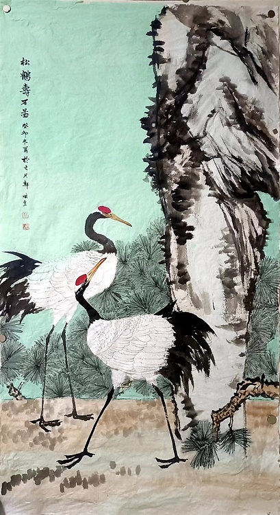 青年书画家 七汐 松鹤寿石图