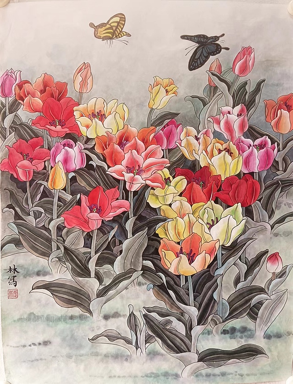 砚沐 花丛逐湖北美术学院艺术硕士李林国画作品