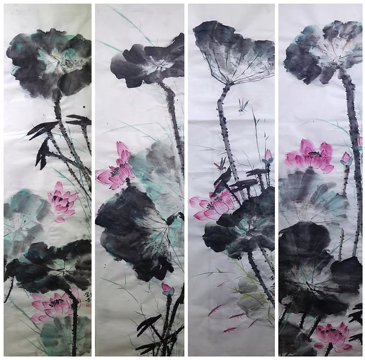荷花四条屏