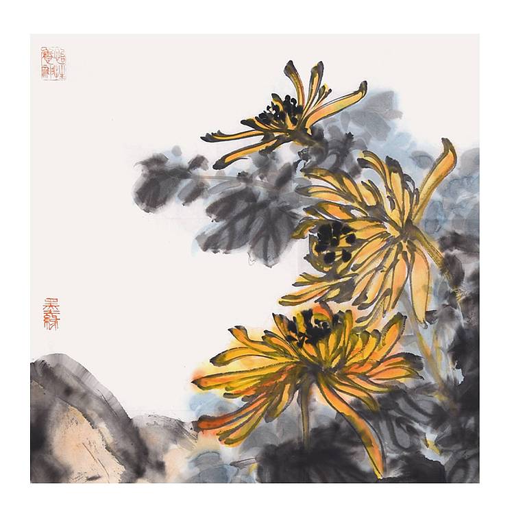 陕西省美协书协会员王录山《重阳赏菊吟旧诗》花鸟70 50
