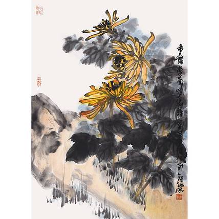 陕西省美协书协会员王录山《重阳赏菊吟旧诗》花鸟70 50