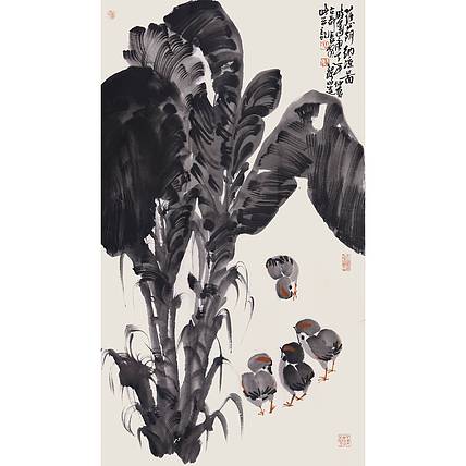 陕西省美协书协会员 王录山《蕉荫幼雏图》花鸟 107 59