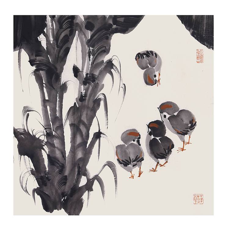 陕西省美协书协会员 王录山《蕉荫幼雏图》花鸟 107 59