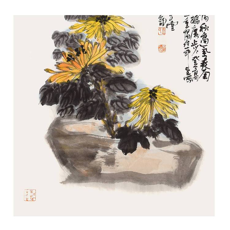 陕西省美协书协会员 王录山《赏菊》花鸟 70 50
