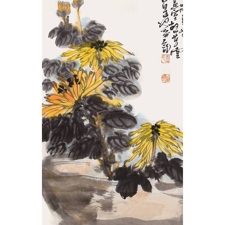 陕西省美协书协会员 王录山《赏菊》花鸟 70 50