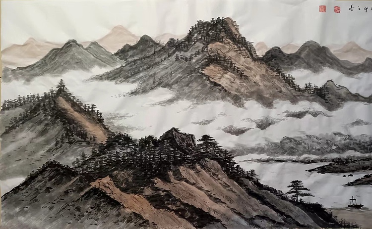 云海松涛 仿黄君璧国画 湖山幽远图