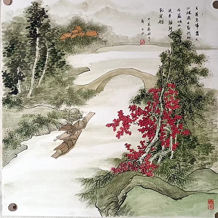 青年书画家 七汐 枫桥夜泊诗意图