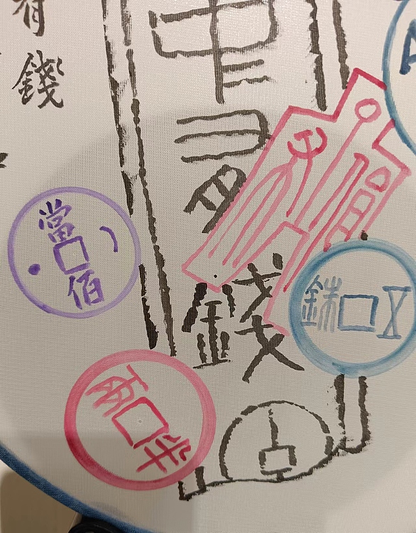 耿学知 钱币文团扇