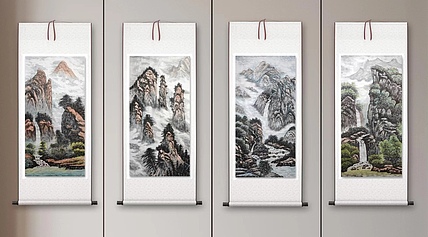 云海松涛 山水画四连幅