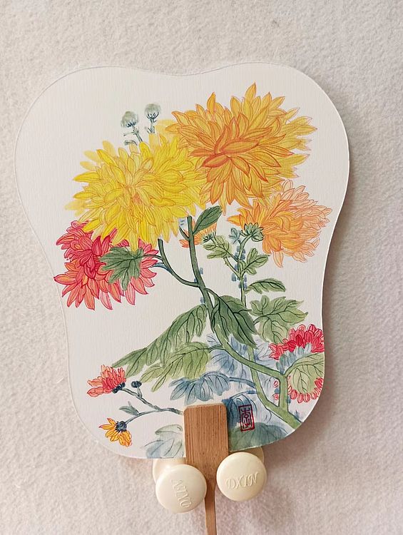 砚沐 金菊扇面
