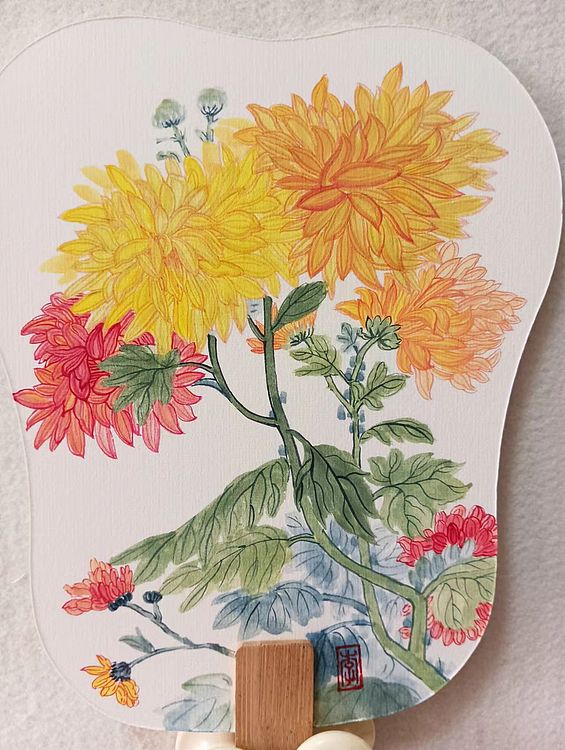 砚沐 金菊扇面