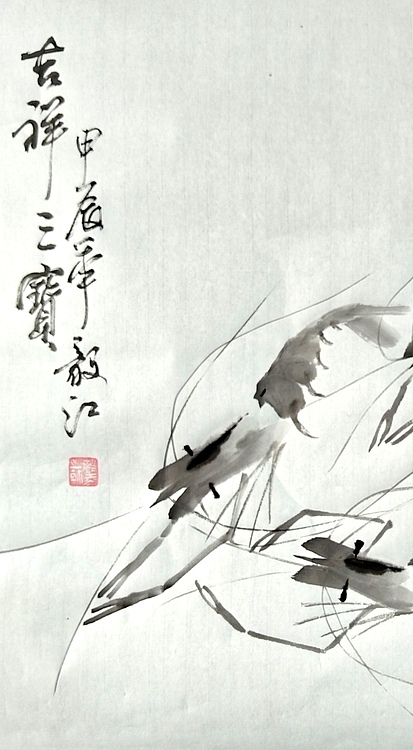 当代著名书画家 醉墨 朱毅江画虾《吉祥三宝》