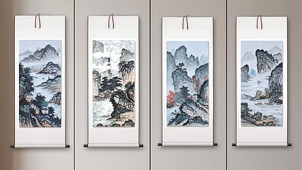 云海松涛 袁松年山水画四连幅