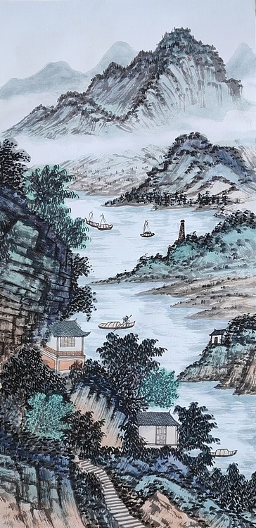 云海松涛 袁松年山水画四连幅