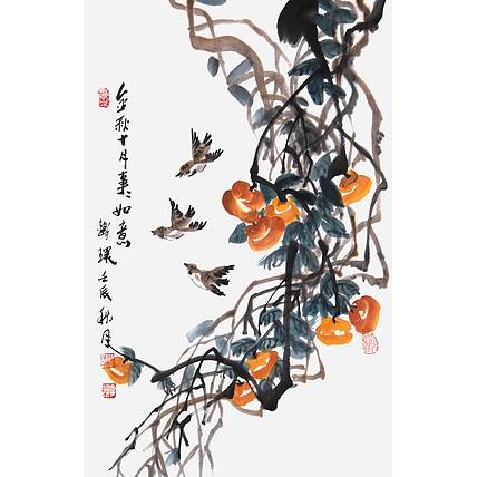河北美协会员 张思俭《金秋十月事事如意》花鸟 66 44