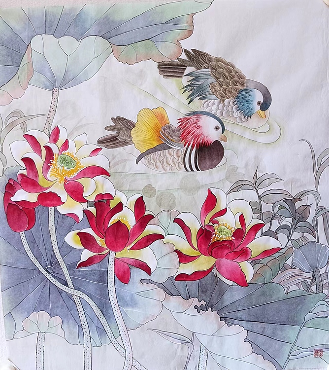 湖北美术学院艺术硕士 李林   鸳鸯戏水工笔花鸟