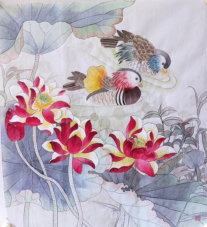湖北美术学院艺术硕士 李林   鸳鸯戏水工笔花鸟