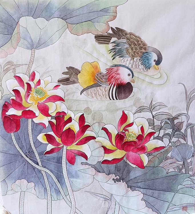 湖北美术学院艺术硕士 李林   鸳鸯戏水工笔花鸟