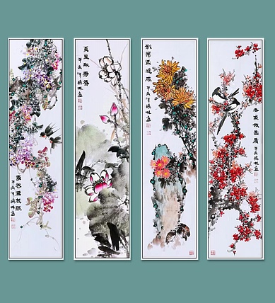 高晓林 （4764）国家一级美术师，江苏省美协会员《四季花鸟4条屏