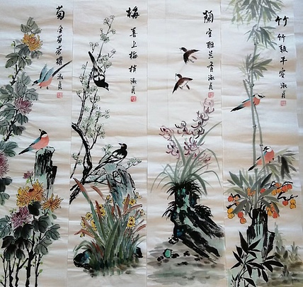 小雨 四条屏，竹，兰，梅，菊