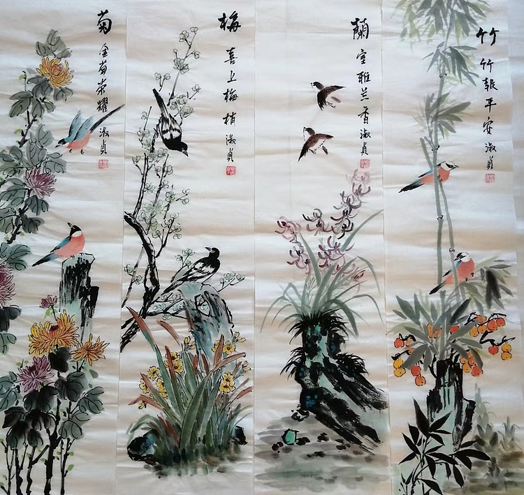 小雨 四条屏，竹，兰，梅，菊