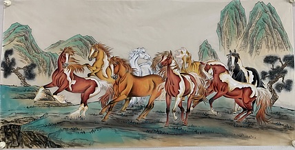 王振兴 八骏图绢本