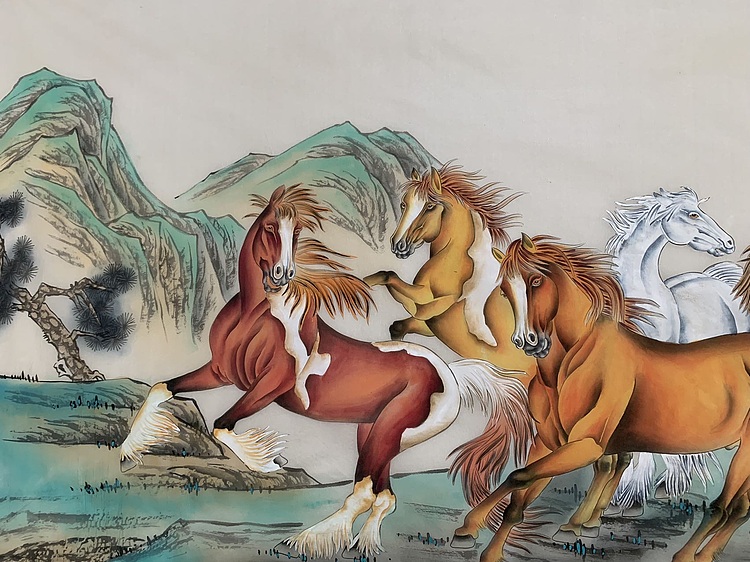 王振兴 八骏图绢本