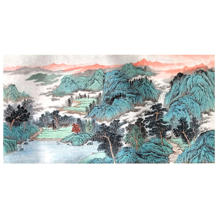刘辉 纯手绘碧峰青岚图青绿山水适合办公室过道书房客厅沙发背景