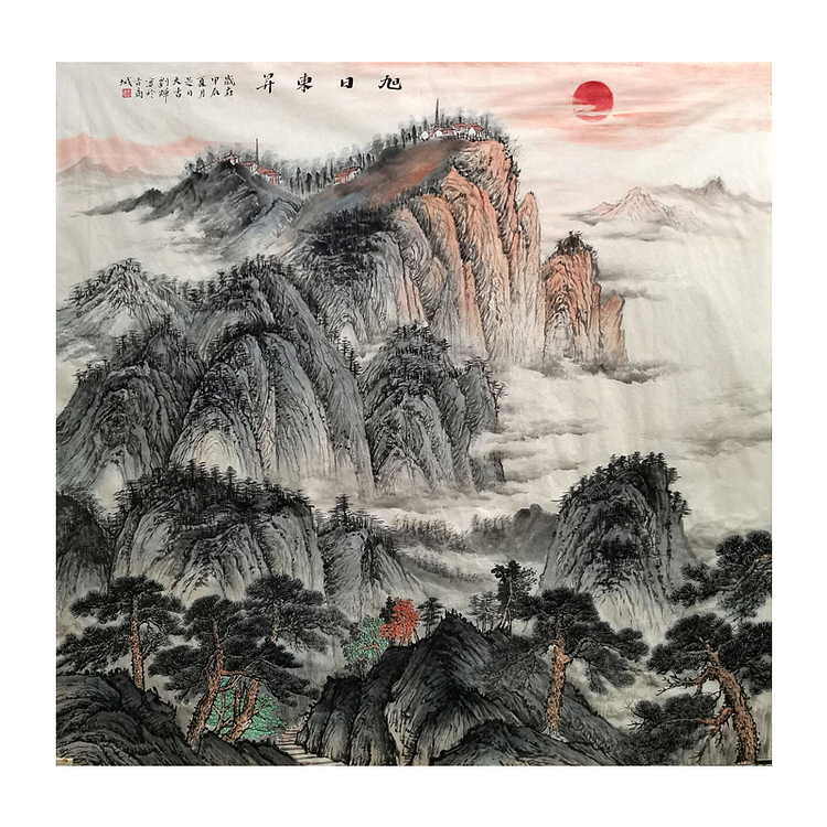 刘辉 纯手绘泰山日出图斗方适合过道玄关