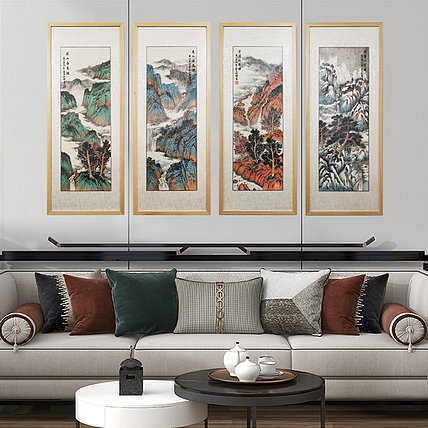 刘辉 纯手绘春夏秋冬风景四条屏中堂客厅玄关过道