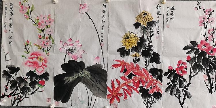 洪君 四季花开好时节四条屏