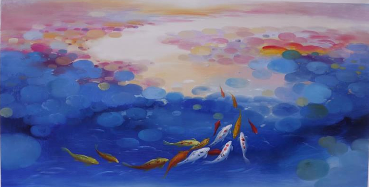 胡冰 纯手绘精品油画《鱼戏莲叶间》