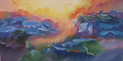 胡冰 纯手绘精品油画《鱼戏莲叶间》