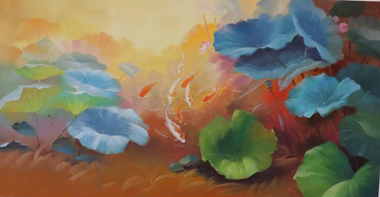 胡冰 纯手绘精品油画《鱼戏莲叶间》