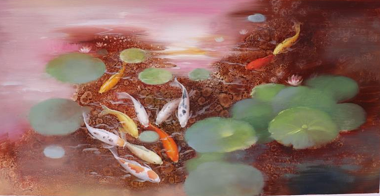 胡冰 纯手绘精品油画《鱼戏莲叶间》