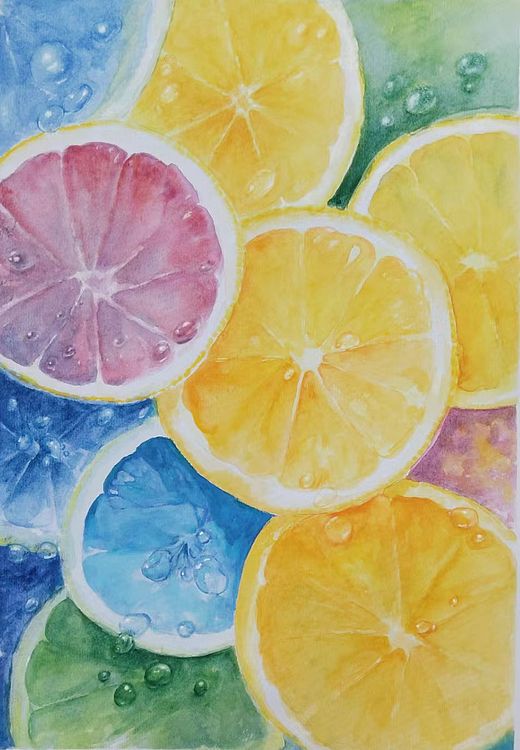 胡冰 纯手绘精品水彩画《多色柠檬》