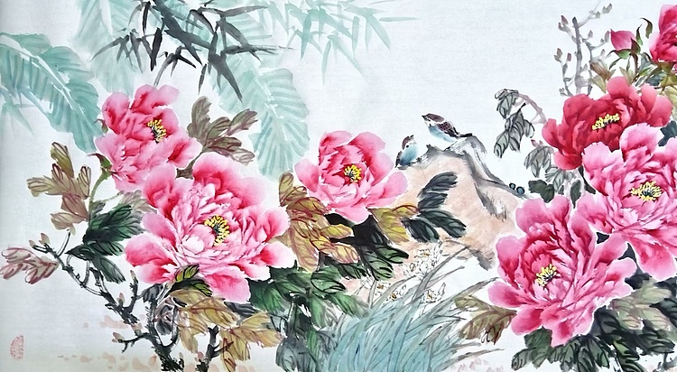 当代著名书画家 醉墨 朱毅江国画《鸟语花香》