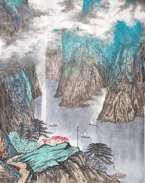云海松涛 泼彩山水画