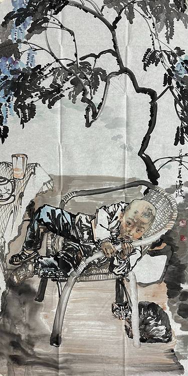 河南大学教授，河南省美协副主席，中美协会员，袁汝波 国画 童年