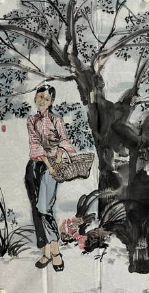 河南大学教授，河南省美协副主席，中美协会员，袁汝波 国画 少女