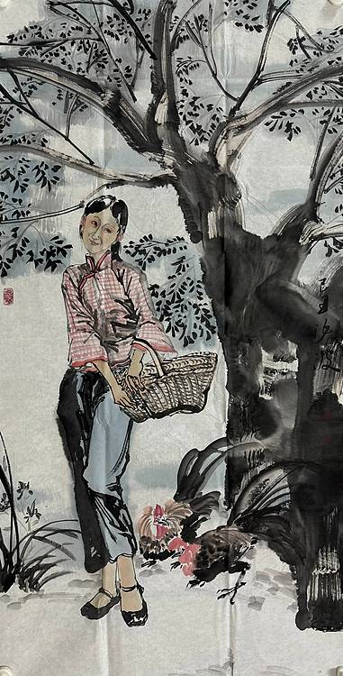 河南大学教授，河南省美协副主席，中美协会员，袁汝波 国画 少女