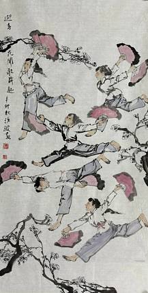 河南大学教授，河南省美协副主席，中美协会员，袁汝波 国画 迎春花开歌舞起