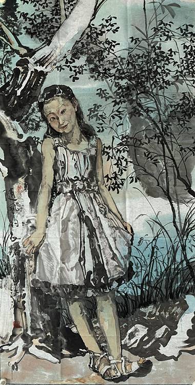 河南大学教授，河南省美协副主席，中美协会员，袁汝波 国画 随风的飞裙