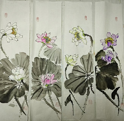 中国老年书画研究会会员 张宝霞 《荷花四条屏》