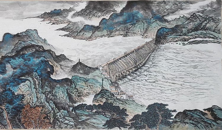 云海松涛 大幅泼彩国画 长江三峡大坝