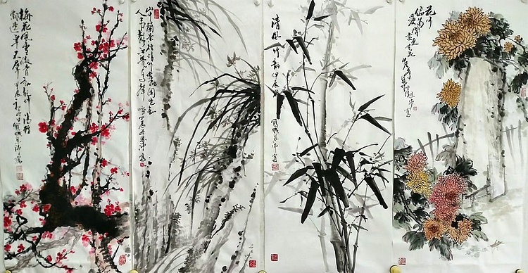 职业书画家 于恩沛 梅兰竹菊四条屏