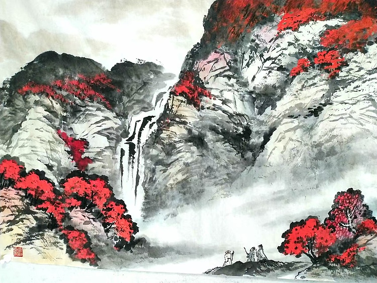 职业书画家 于恩沛 秋山观瀑图